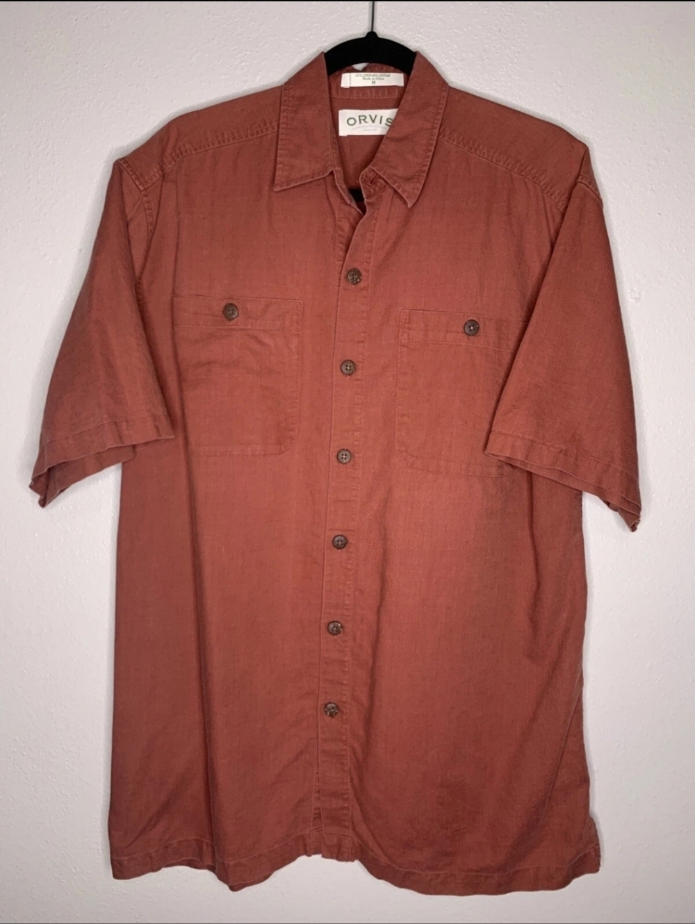 Orvis Men's Short-Sleeve Button-Up Shirt in Rust Linen Cotton Blend